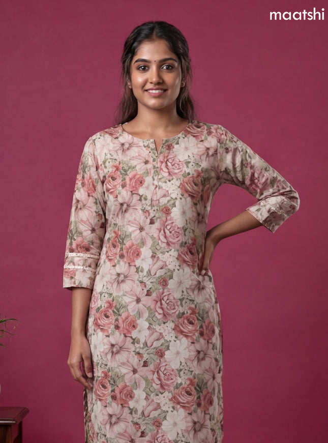 Cream and Multi Colour Linen Cotton Printed & Embroidery Work Straight Kurti