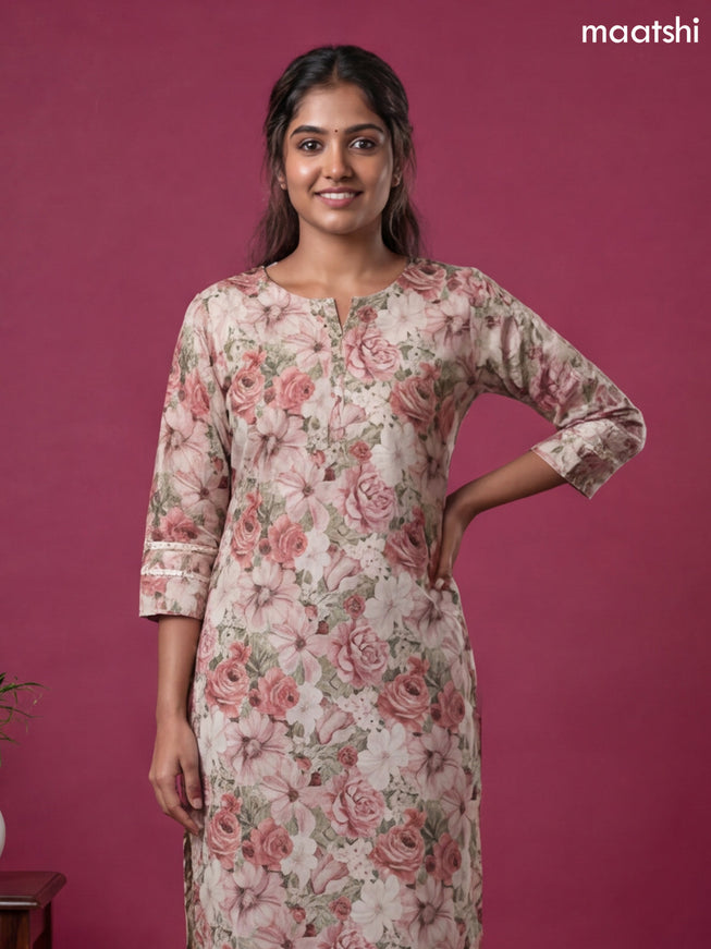 Cream and Multi Colour Linen Cotton Printed & Embroidery Work Straight Kurti