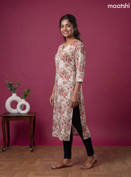 Cream and Multi Colour Linen Cotton Printed & Embroidery Work Straight Kurti