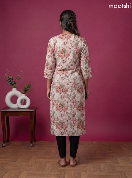 Cream and Multi Colour Linen Cotton Printed & Embroidery Work Straight Kurti