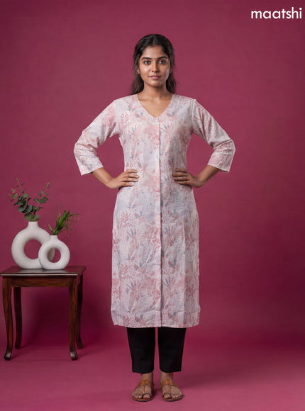 Pink Linen Cotton Printed & Embroidery Work Straight Kurti