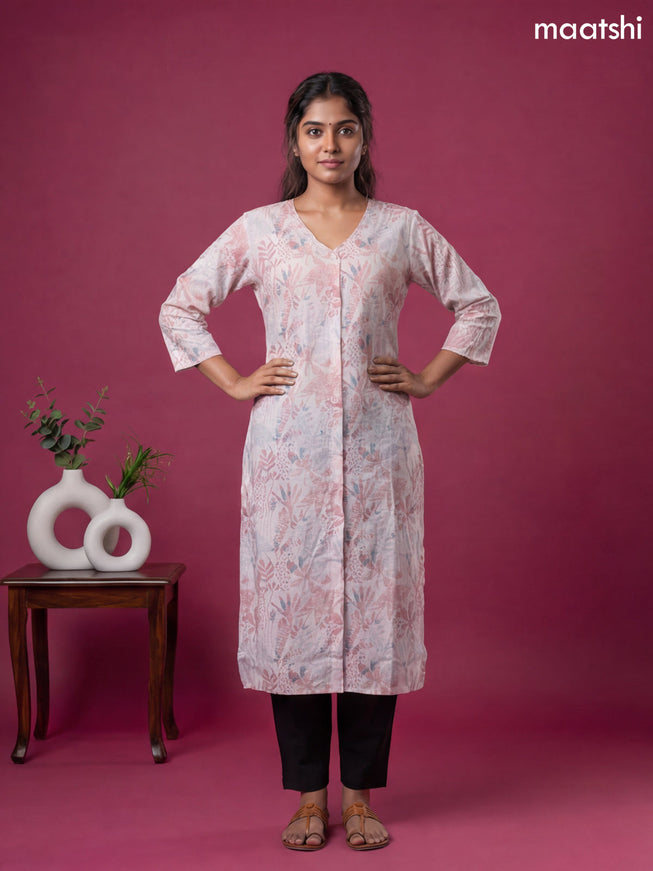Pink Linen Cotton Printed & Embroidery Work Straight Kurti