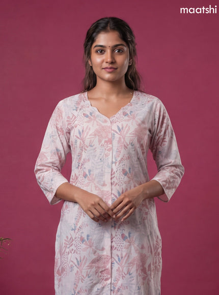 Pink Linen Cotton Printed & Embroidery Work Straight Kurti