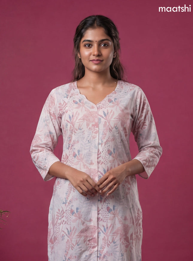 Pink Linen Cotton Printed & Embroidery Work Straight Kurti