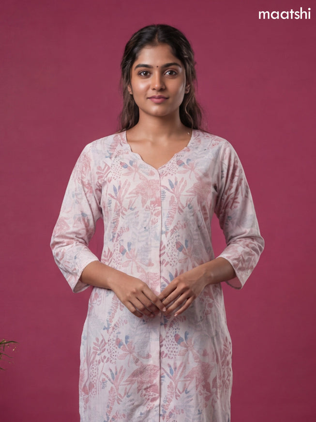 Pink Linen Cotton Printed & Embroidery Work Straight Kurti