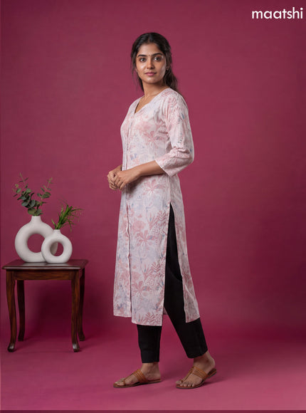 Pink Linen Cotton Printed & Embroidery Work Straight Kurti
