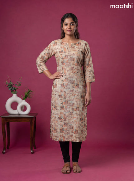 Sandal and Multicolour Linen Cotton Printed & Simple Embroidery Work Straight Kurti