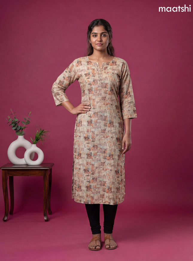 Sandal and Multicolour Linen Cotton Printed & Simple Embroidery Work Straight Kurti