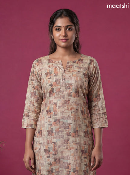 Sandal and Multicolour Linen Cotton Printed & Simple Embroidery Work Straight Kurti