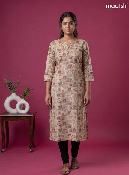 Sandal and Multicolour Linen Cotton Printed & Simple Embroidery Work Straight Kurti