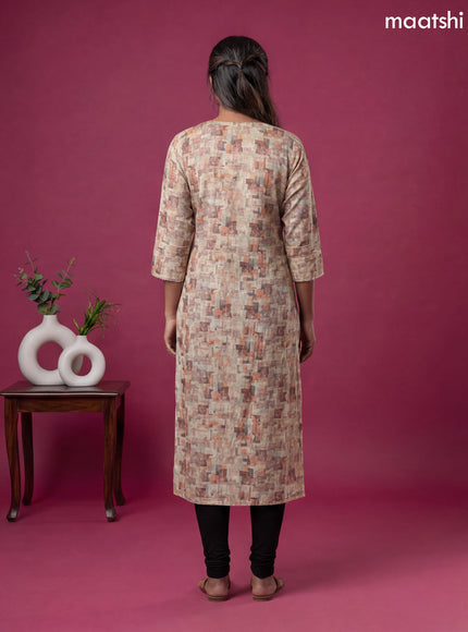 Sandal and Multicolour Linen Cotton Printed & Simple Embroidery Work Straight Kurti