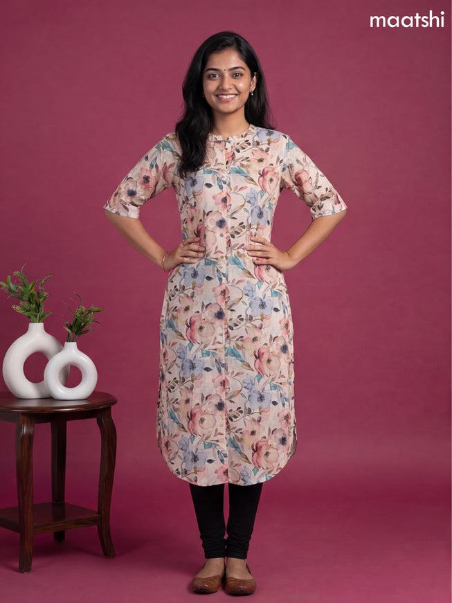Peach and Multicolour Linen Cotton Printed & Simple Embroidery Work Straight Kurti