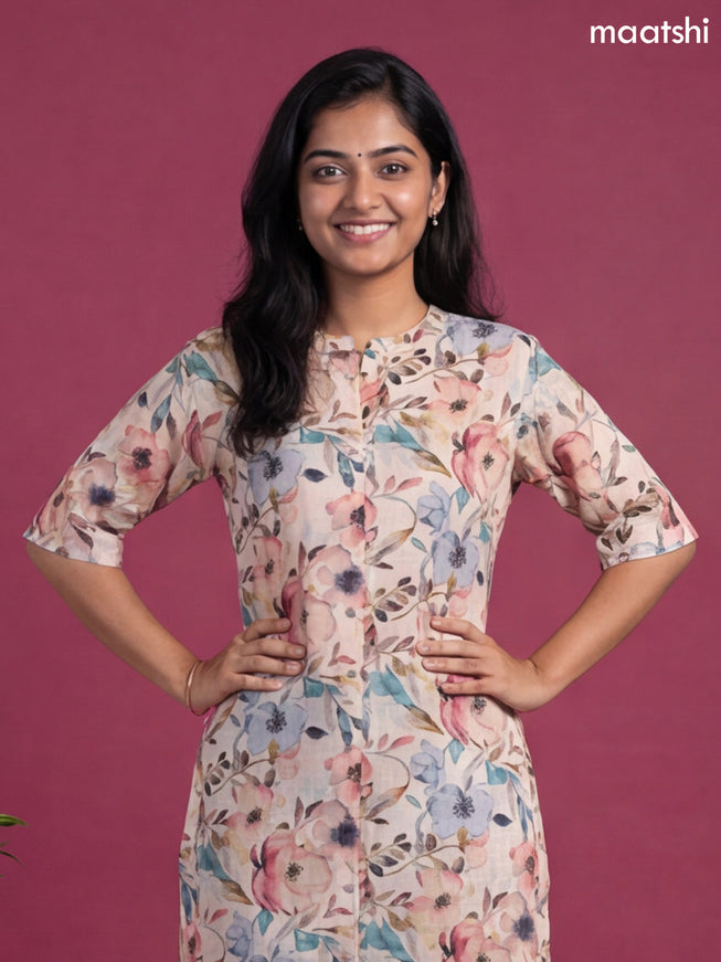 Peach and Multicolour Linen Cotton Printed & Simple Embroidery Work Straight Kurti