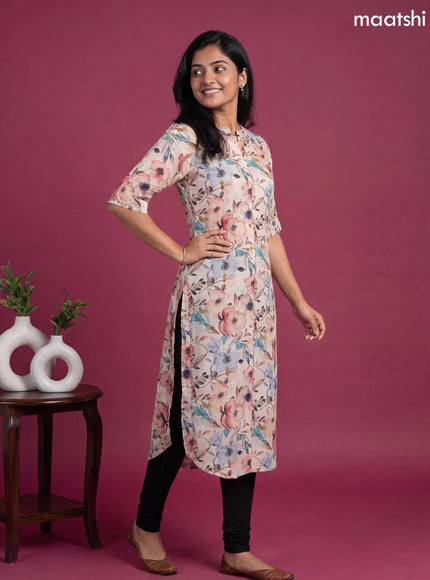 Peach and Multicolour Linen Cotton Printed & Simple Embroidery Work Straight Kurti