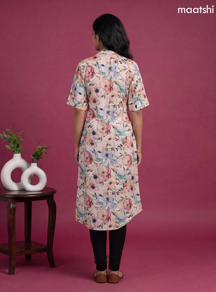 Peach and Multicolour Linen Cotton Printed & Simple Embroidery Work Straight Kurti