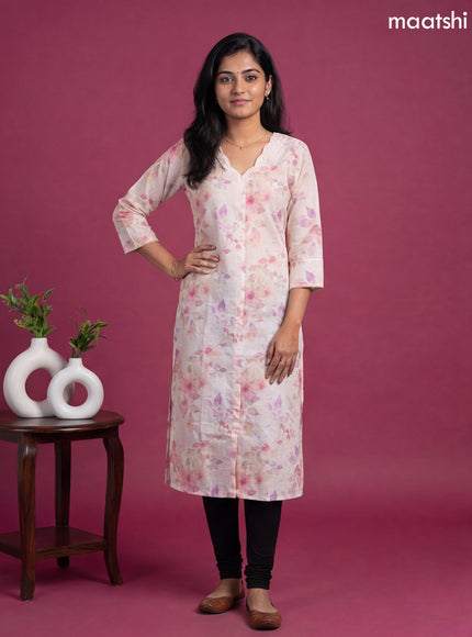 Off White and Multi Colour Linen Cotton Printed & Simple Embroidery Work Straight Kurti