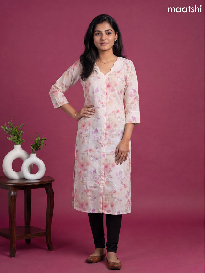 Off White and Multi Colour Linen Cotton Printed & Simple Embroidery Work Straight Kurti