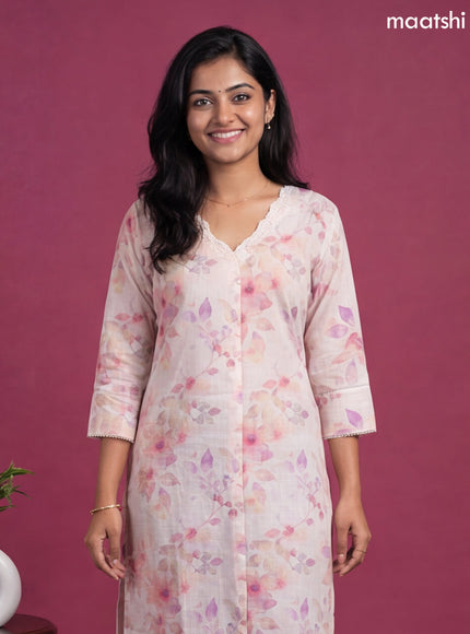 Off White and Multi Colour Linen Cotton Printed & Simple Embroidery Work Straight Kurti