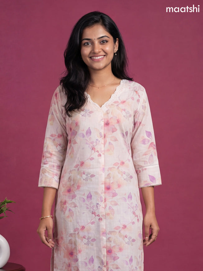Off White and Multi Colour Linen Cotton Printed & Simple Embroidery Work Straight Kurti