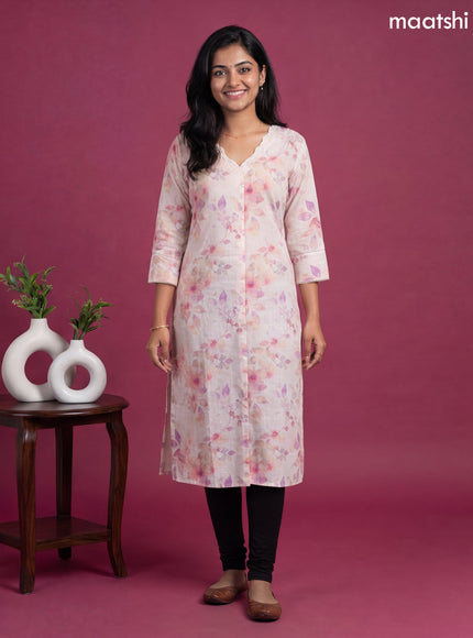 Off White and Multi Colour Linen Cotton Printed & Simple Embroidery Work Straight Kurti