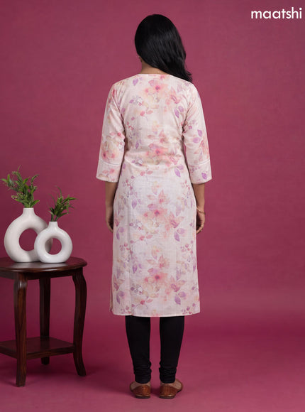 Off White and Multi Colour Linen Cotton Printed & Simple Embroidery Work Straight Kurti
