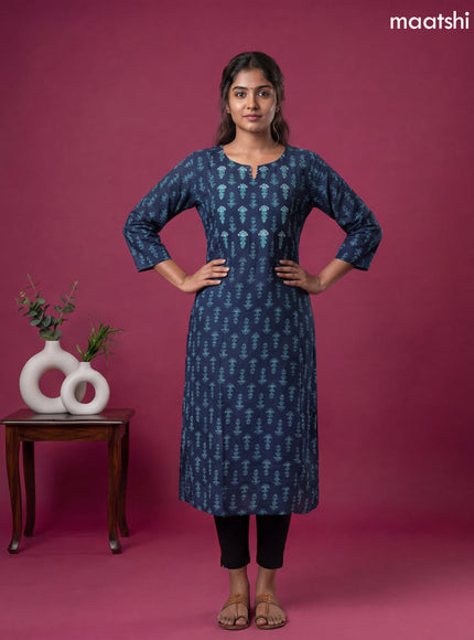 Navy Blue Modal Printed & Simple Embroidery Work A-Line Kurti