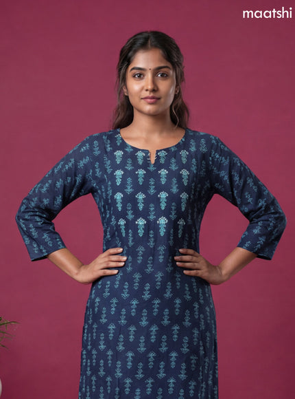 Navy Blue Modal Printed & Simple Embroidery Work A-Line Kurti