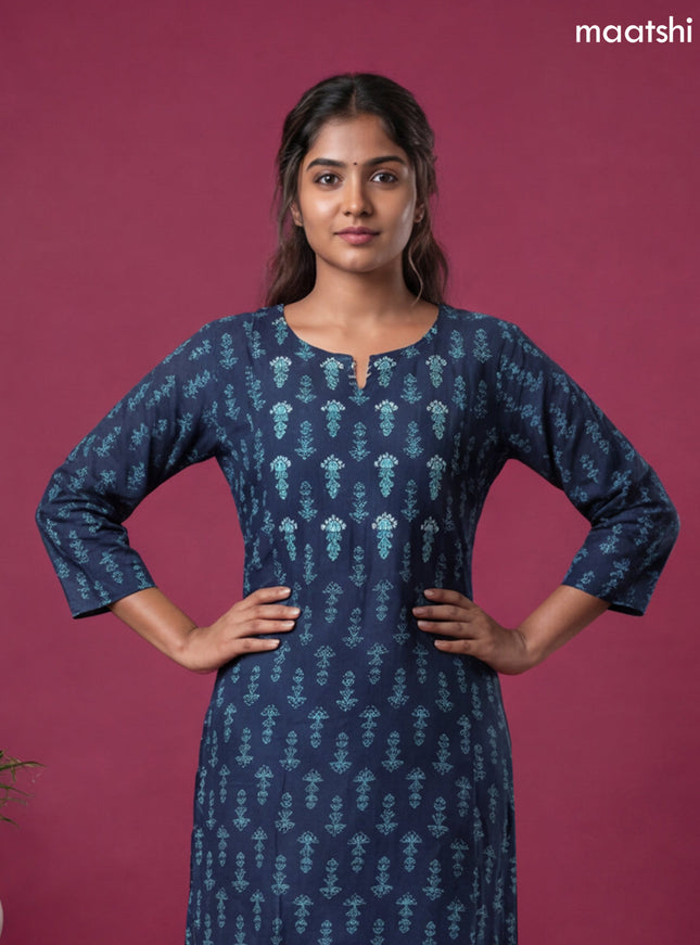 Navy Blue Modal Printed & Simple Embroidery Work A-Line Kurti