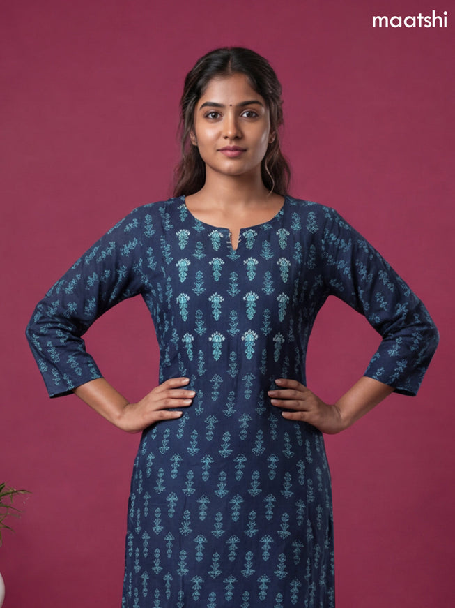 Navy Blue Modal Printed & Simple Embroidery Work A-Line Kurti