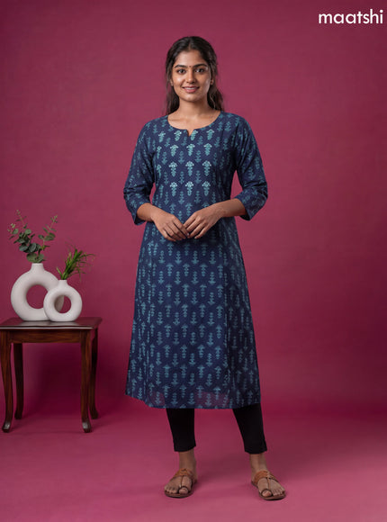 Navy Blue Modal Printed & Simple Embroidery Work A-Line Kurti
