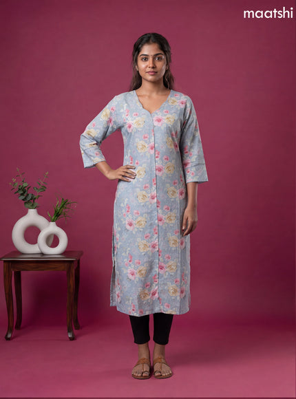 Light Blue Linen Cotton Printed & Simple Embroidery Work Straight Kurti