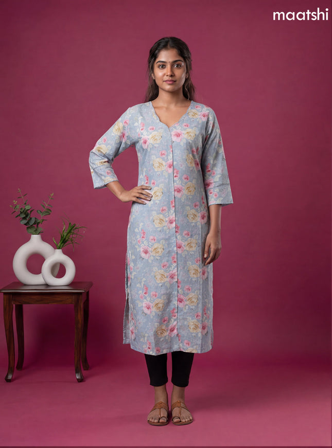 Light Blue Linen Cotton Printed & Simple Embroidery Work Straight Kurti