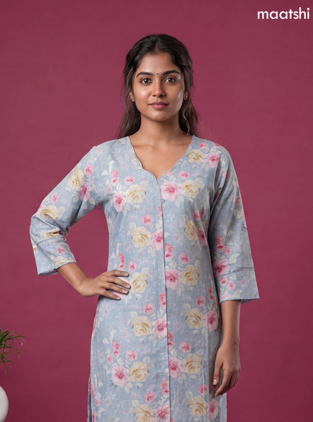 Light Blue Linen Cotton Printed & Simple Embroidery Work Straight Kurti