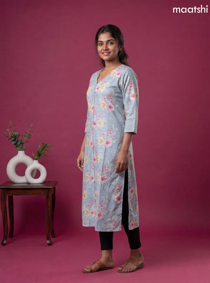 Light Blue Linen Cotton Printed & Simple Embroidery Work Straight Kurti