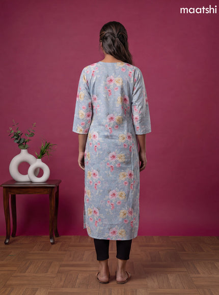 Light Blue Linen Cotton Printed & Simple Embroidery Work Straight Kurti
