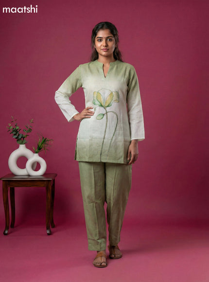Light Green and Off White Linen Cotton Embroidery Work Short Co-Ord Set
