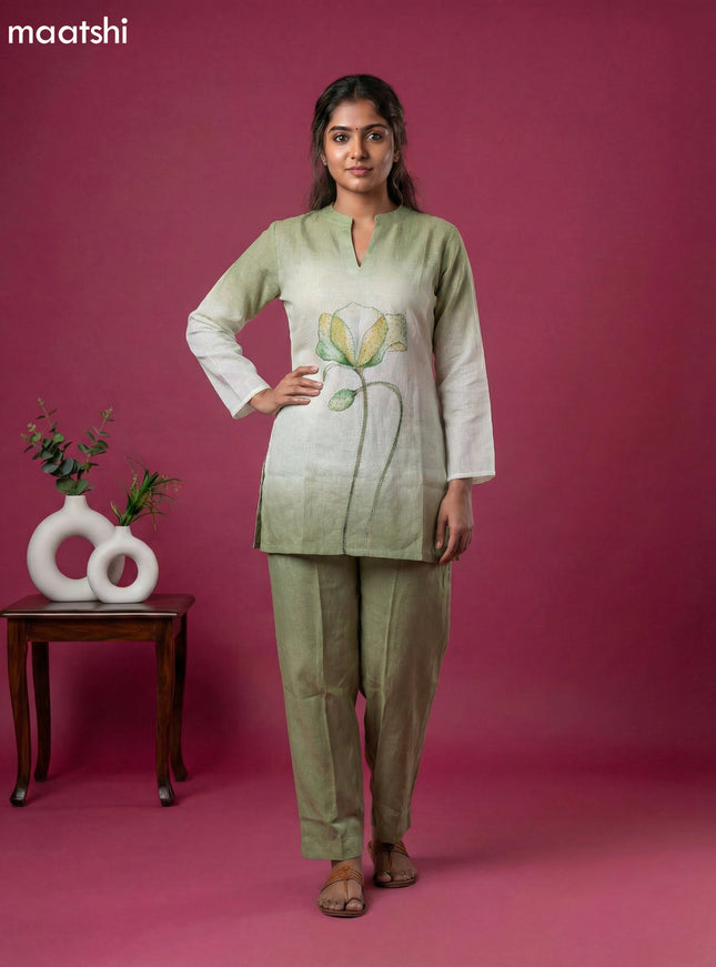 Light Green and Off White Linen Cotton Embroidery Work Short Co-Ord Set