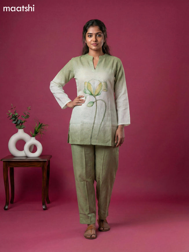 Light Green and Off White Linen Cotton Embroidery Work Short Co-Ord Set
