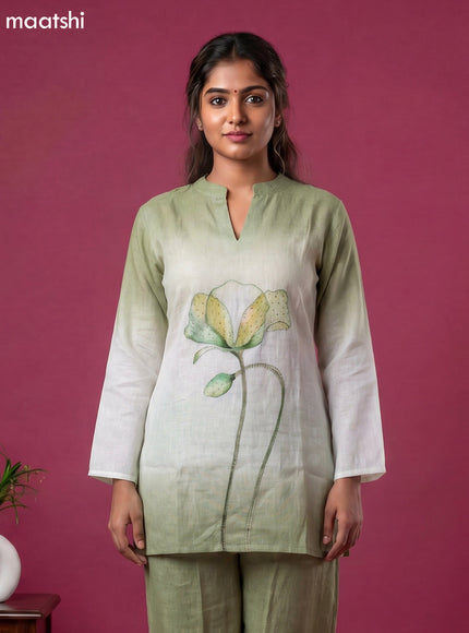 Light Green and Off White Linen Cotton Embroidery Work Short Co-Ord Set
