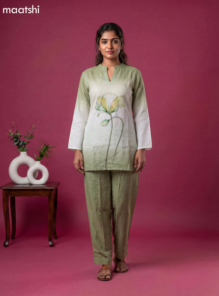 Light Green and Off White Linen Cotton Embroidery Work Short Co-Ord Set