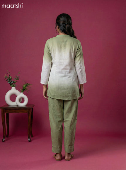 Light Green and Off White Linen Cotton Embroidery Work Short Co-Ord Set