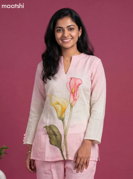 Baby Pink and Yellow Linen Cotton Embroidery Work Short Co-Ord Set