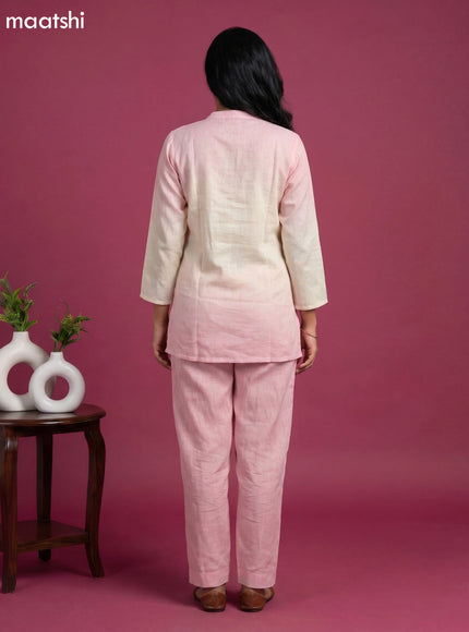 Baby Pink and Yellow Linen Cotton Embroidery Work Short Co-Ord Set