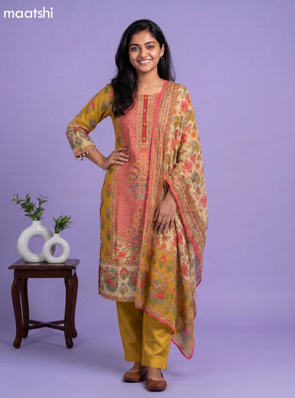 Mustard Yellow and Peach Pink Silk Kalamkari Printed & Embroidery Work Straight Suit