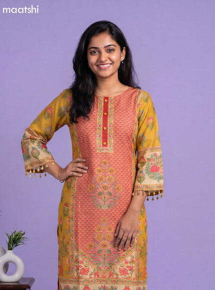 Mustard Yellow and Peach Pink Silk Kalamkari Printed & Embroidery Work Straight Suit