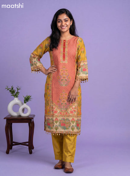 Mustard Yellow and Peach Pink Silk Kalamkari Printed & Embroidery Work Straight Suit