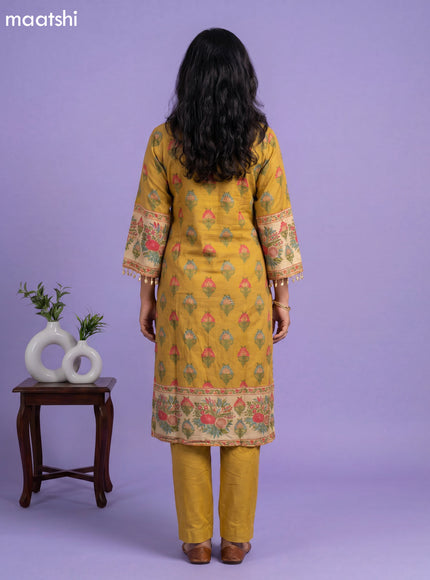 Mustard Yellow and Peach Pink Silk Kalamkari Printed & Embroidery Work Straight Suit
