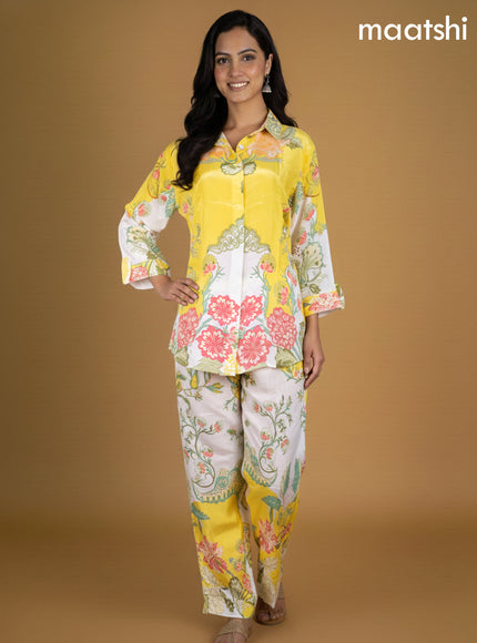 Yellow and Off White Crepe Silk Printed Short Co-Ord Set