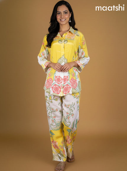 Yellow and Off White Crepe Silk Printed Short Co-Ord Set