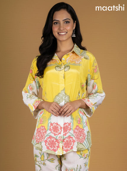 Yellow and Off White Crepe Silk Printed Short Co-Ord Set